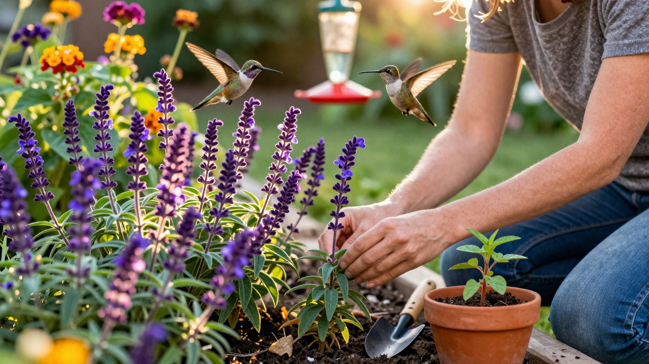 Two hummingbirds hover near purple flowers as a person tends to plants in a garden bed at sunset.