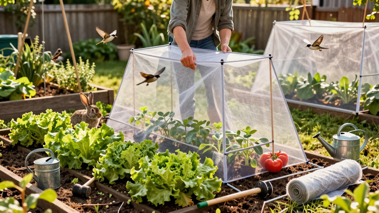 Person covering vegetable plants with mesh netting in a garden to protect from birds and animals.