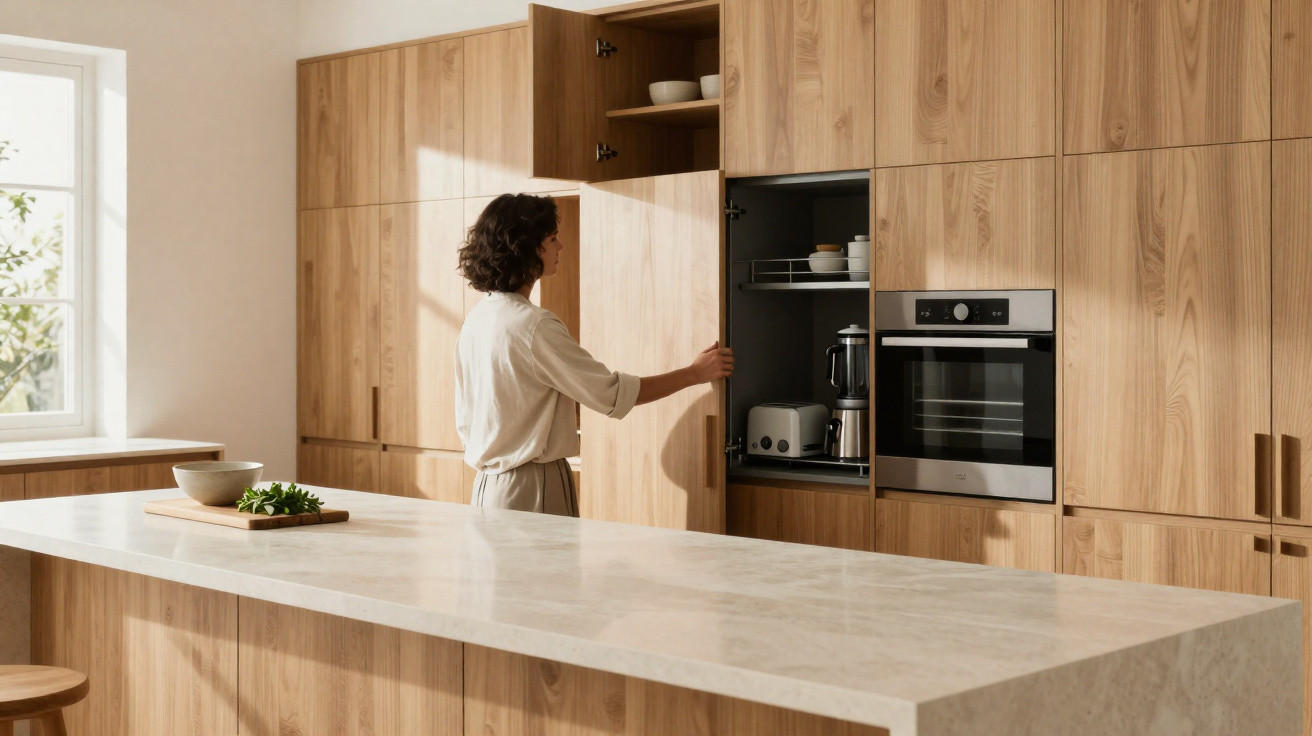 Person opening wooden kitchen cabinet with appliances inside in a modern kitchen with marble island countertop.