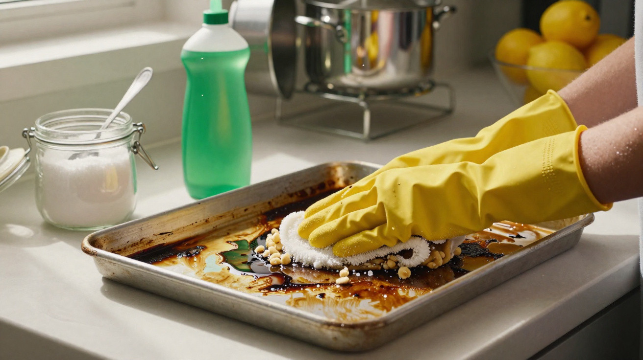 Hand in yellow glove scrubbing burnt baking tray with white pad and baking soda on kitchen counter.