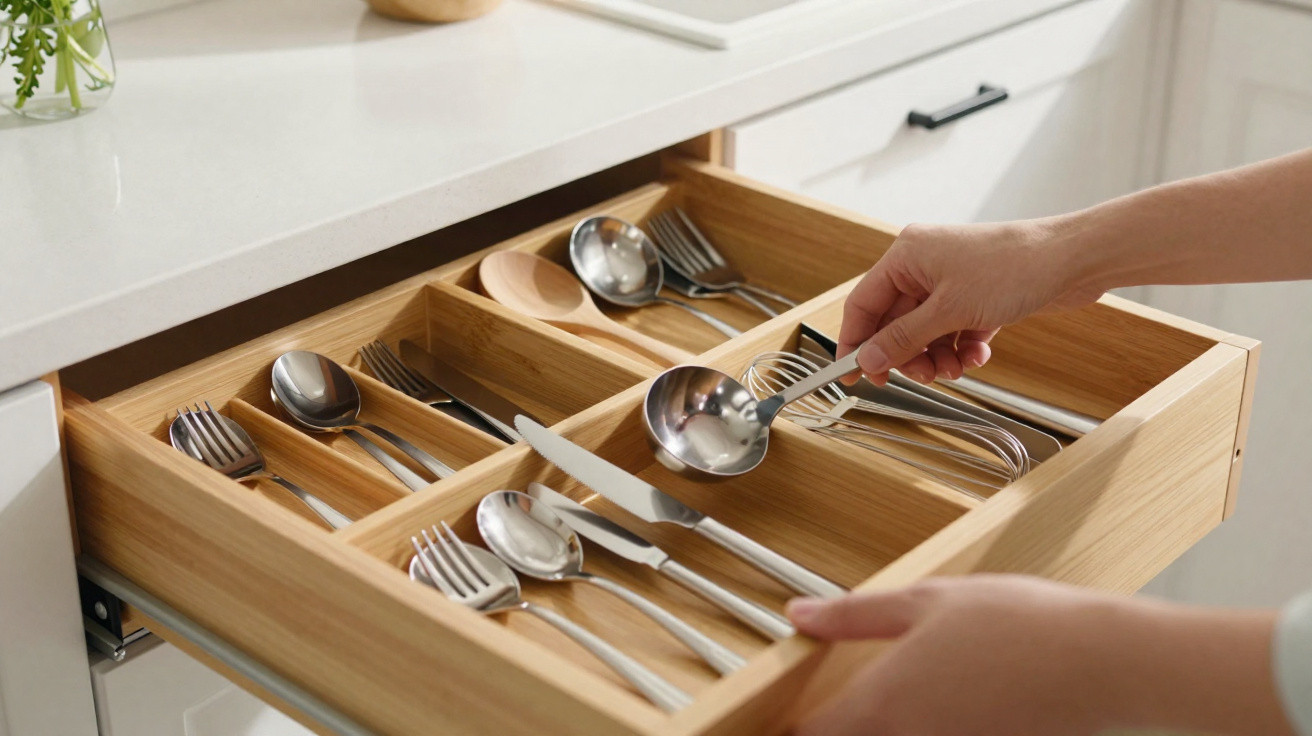Open wooden kitchen drawer with organised cutlery including forks, spoons, knives, and a ladle held by a hand.