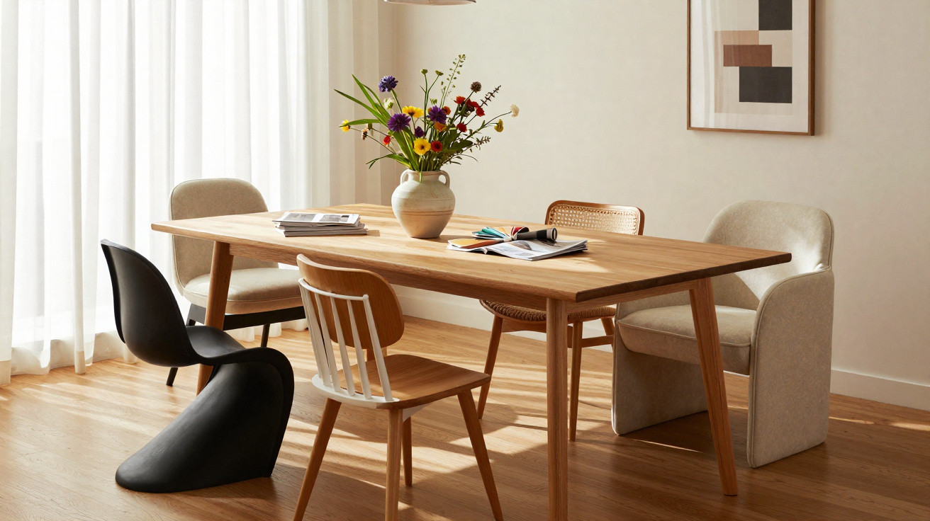 Wooden dining table with assorted chairs, books, and a vase of colourful wildflowers in a bright room.