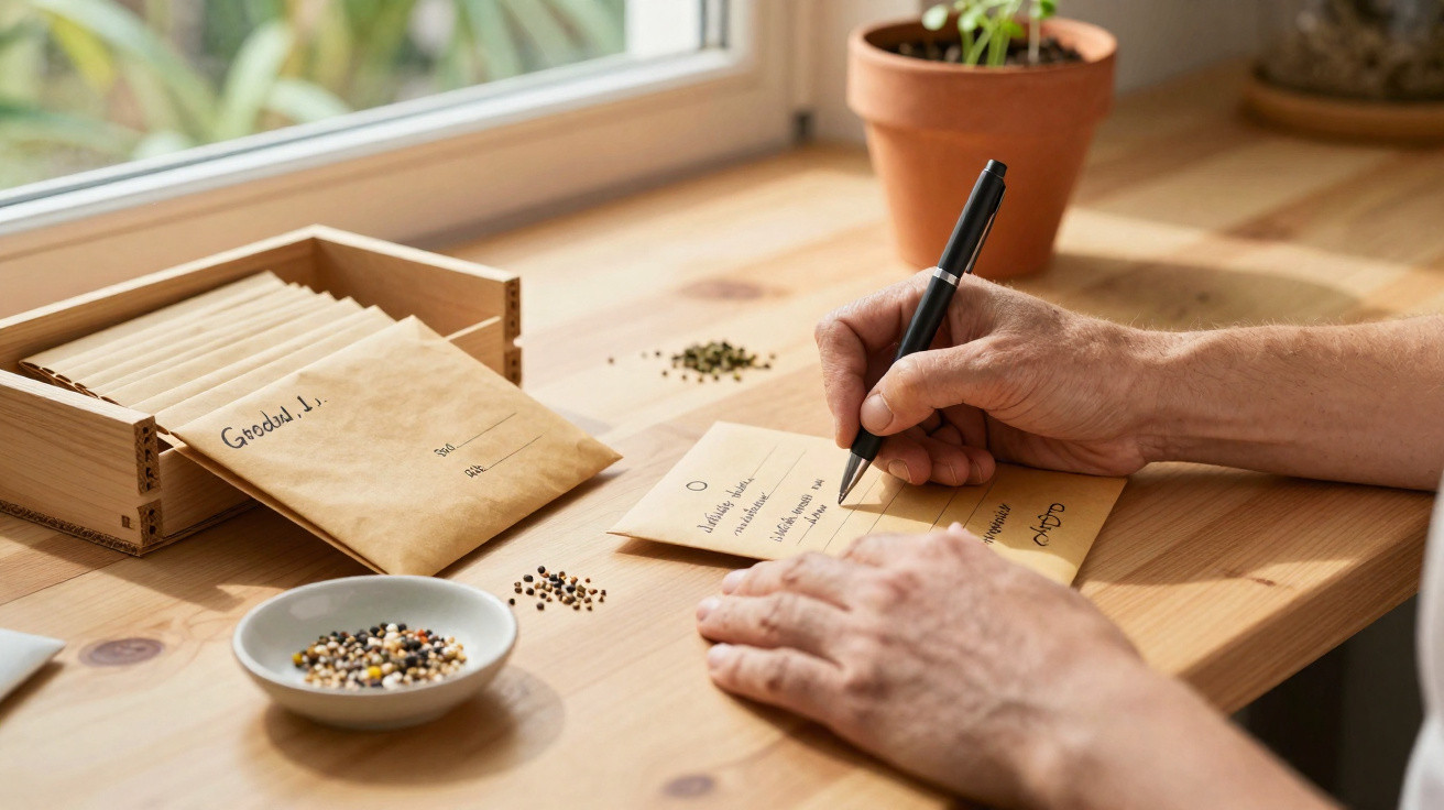 Person writing on brown seed packets at a wooden table with scattered seeds and potted plants nearby.