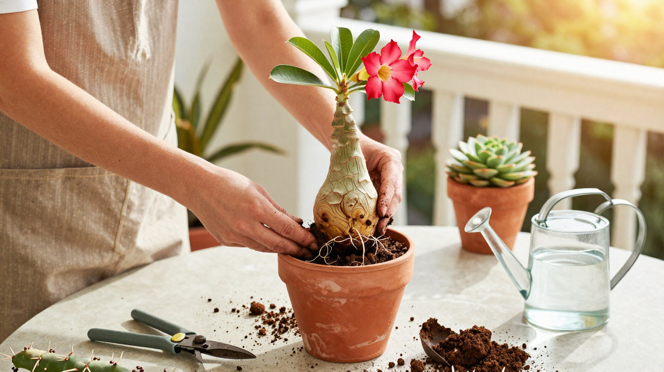 Person repotting a flowering desert rose plant on a balcony table with gardening tools and watering can nearby.