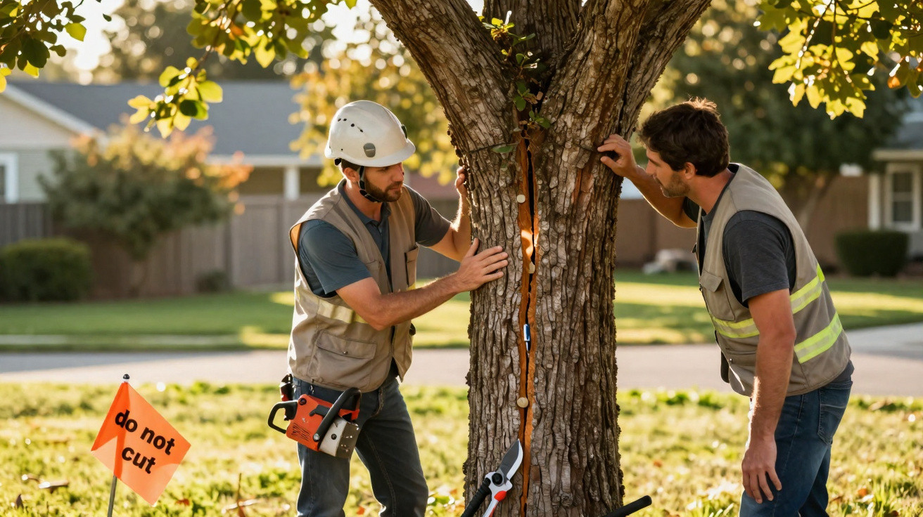 Two workers inspect a large tree with a visible crack and a "do not cut" sign nearby.