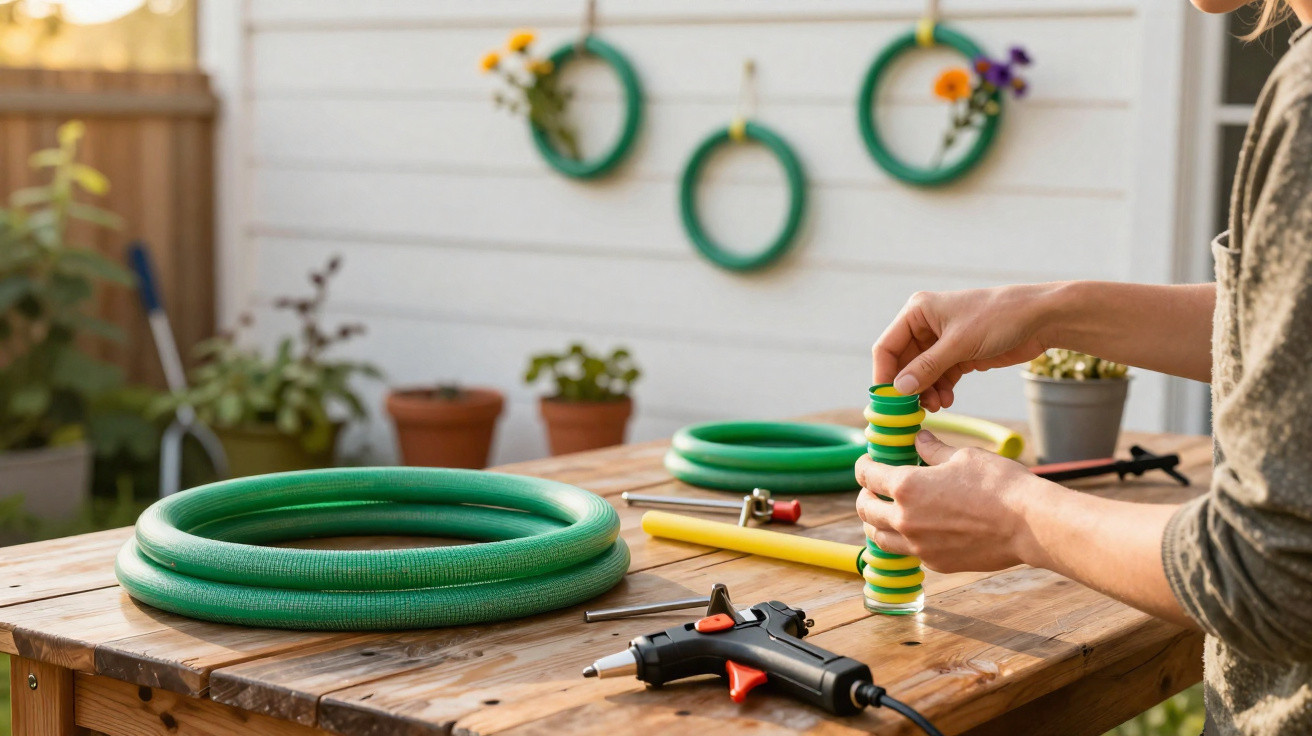 Person assembling a small green and white garden hose connector on a wooden table outdoors.
