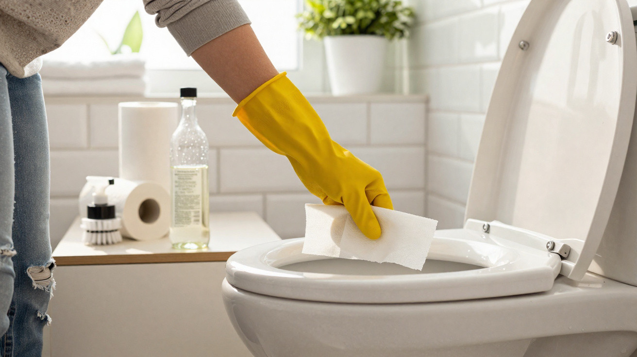 Person wearing yellow gloves cleaning a white toilet seat with a cloth in a bright bathroom.