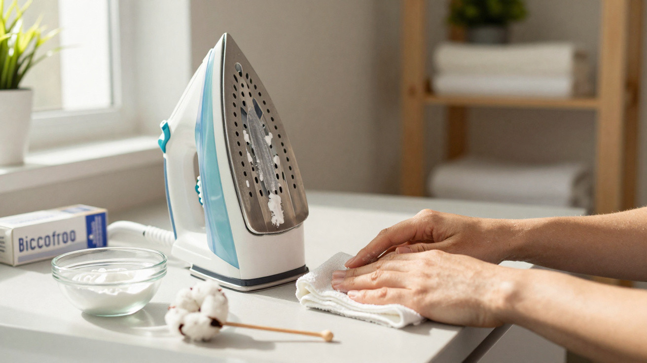Person cleaning the soleplate of a steam iron with a cloth on a table next to cleaning supplies.