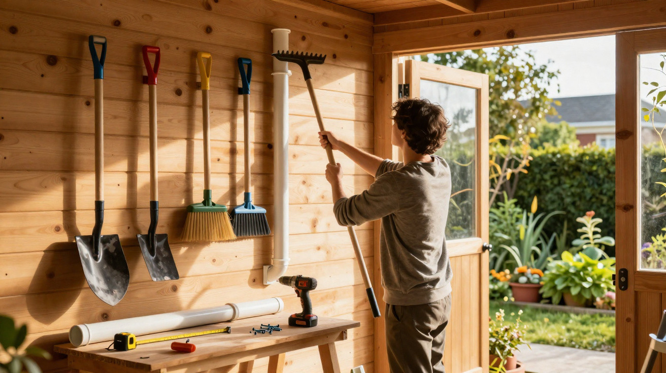 Person organising garden tools on a wooden wall inside a shed with an open door to a garden.