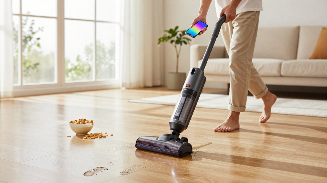 Person vacuuming spilled cereal and wet footprints off a wooden floor in a bright living room.