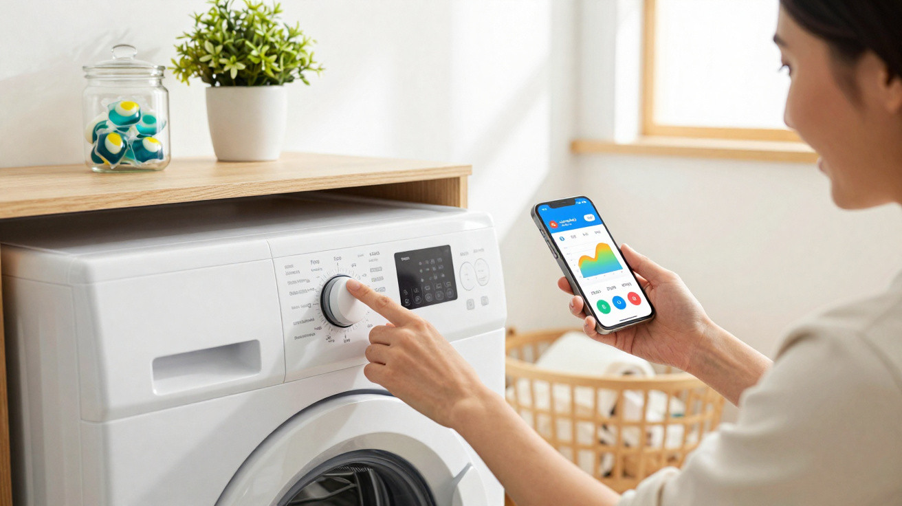Person adjusting washing machine settings while holding a smartphone with an app in a bright laundry room
