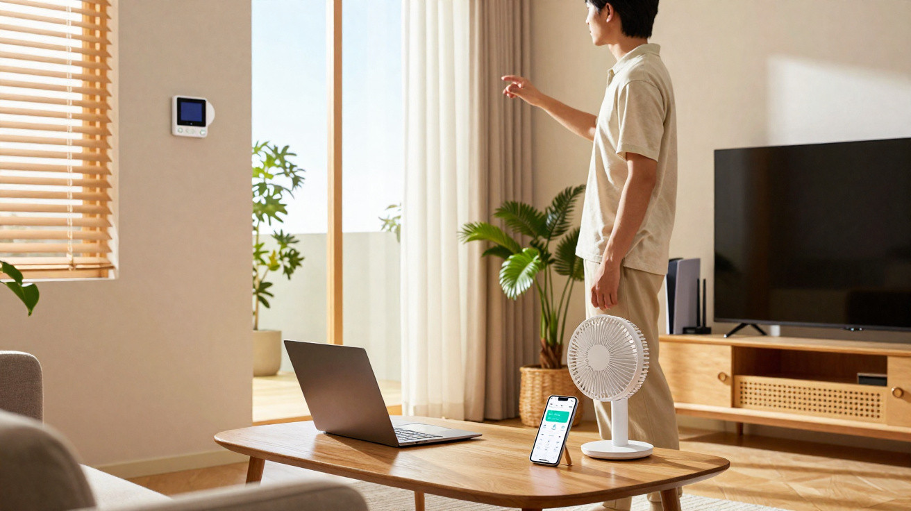 Person adjusting smart thermostat in a modern living room with laptop, phone, and fan on a wooden table.