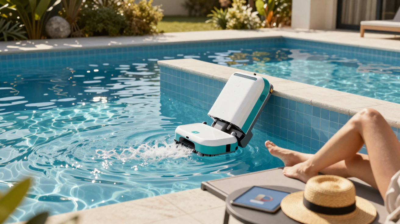 Robotic pool cleaner operating in a clear blue pool beside a person relaxing with a hat and book nearby.