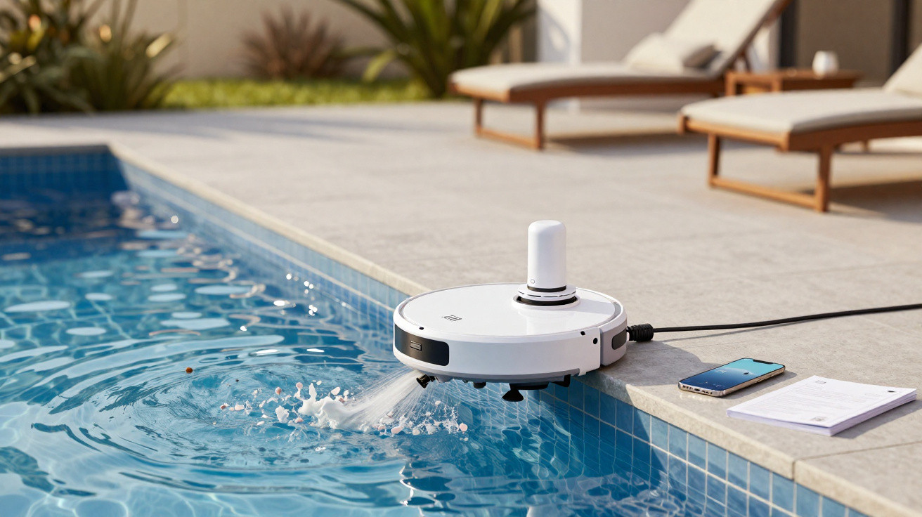 Robotic pool cleaner attached to pool edge spraying water, with smartphone and notebook nearby on patio.