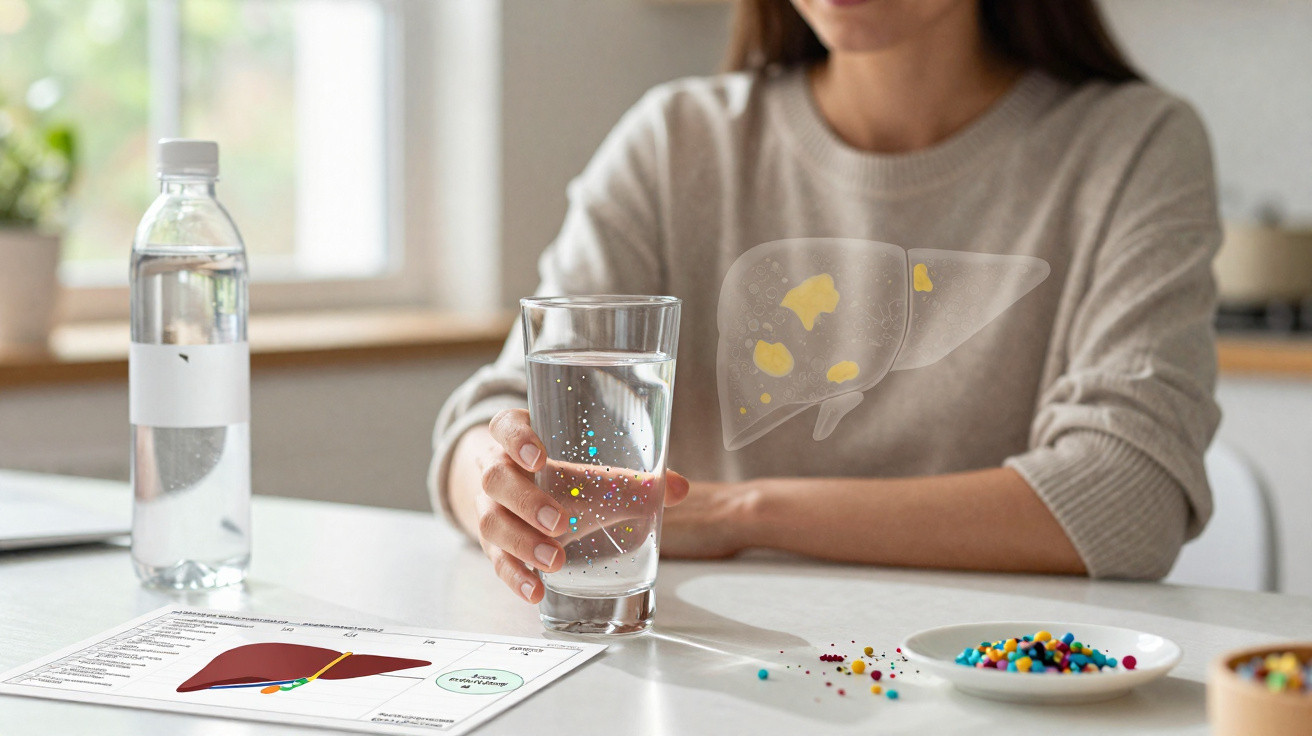 Woman holding a glass of water with an illustration of a liver showing fatty deposits beside liver health diagram.