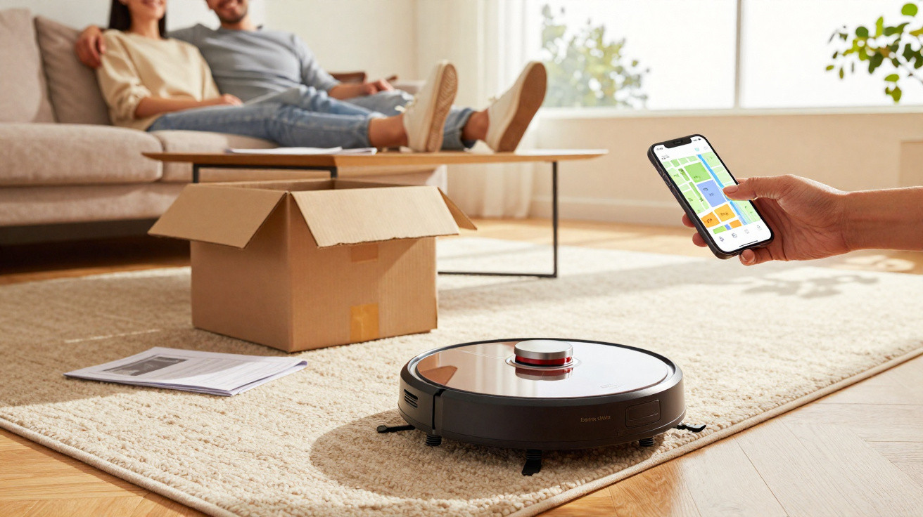 Person controlling a robot vacuum cleaner with a smartphone in a bright living room with a couple on a sofa.