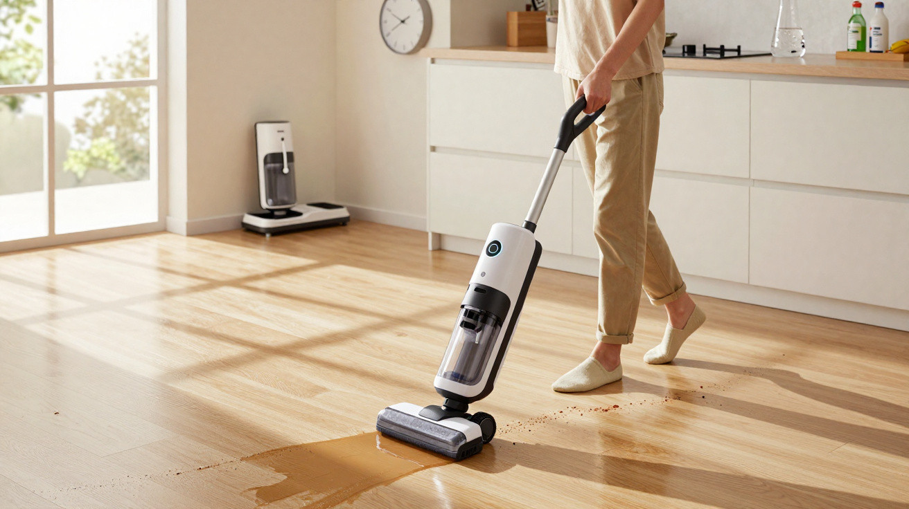 Person using a cordless vacuum cleaner to clean liquid spill and dirt from a wooden kitchen floor.