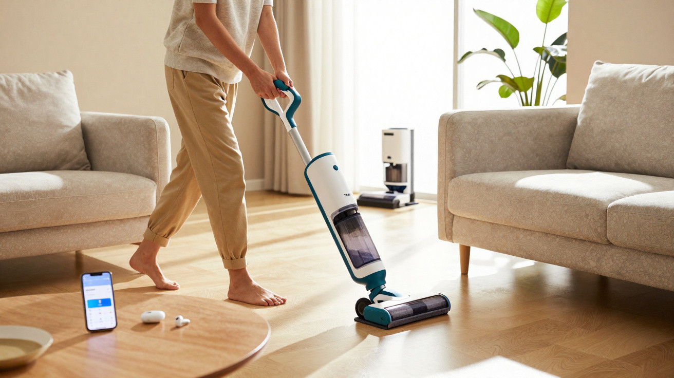 Person vacuuming wooden floor in bright living room between two beige sofas with phone and earbuds on table.
