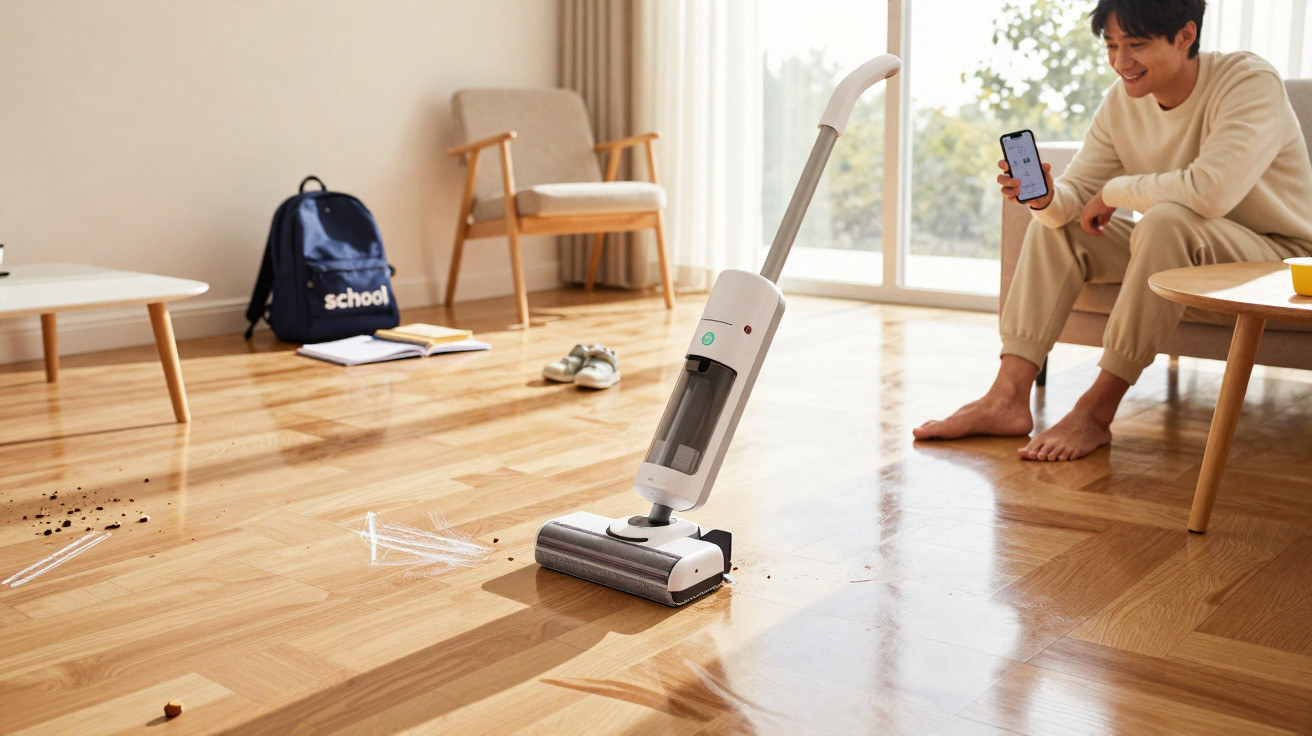 Person controlling a robotic vacuum cleaner on wooden floor using a smartphone in a sunlit room.