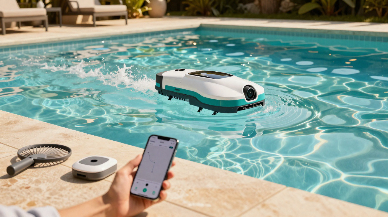 A robotic pool cleaner operating in a swimming pool, controlled via a smartphone app by a person nearby.