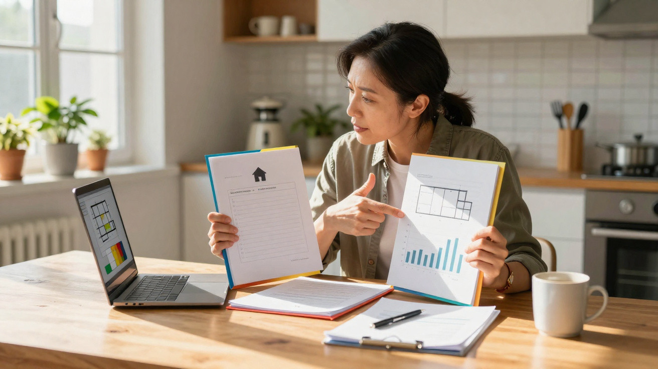 Woman sitting at a table pointing at chart and floor plan documents with a laptop and coffee mug nearby in a kitchen.