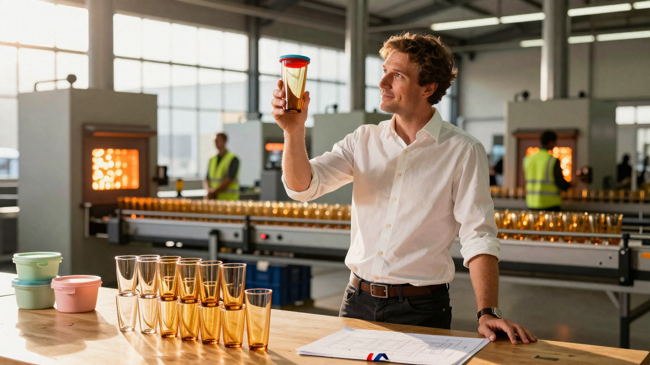 Man inspecting a transparent amber plastic cup in a manufacturing facility with multiple cups on the table and workers in the