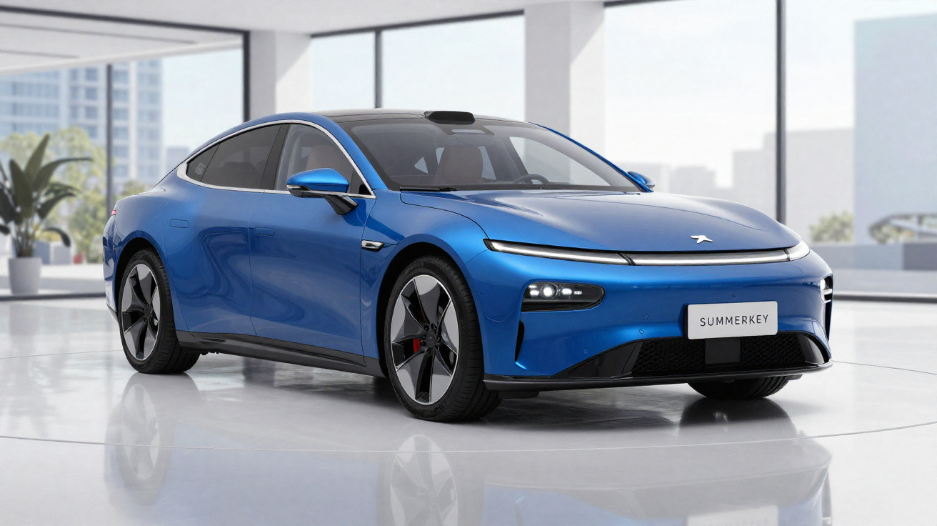 Blue modern electric sedan car displayed indoors with large windows and cityscape background