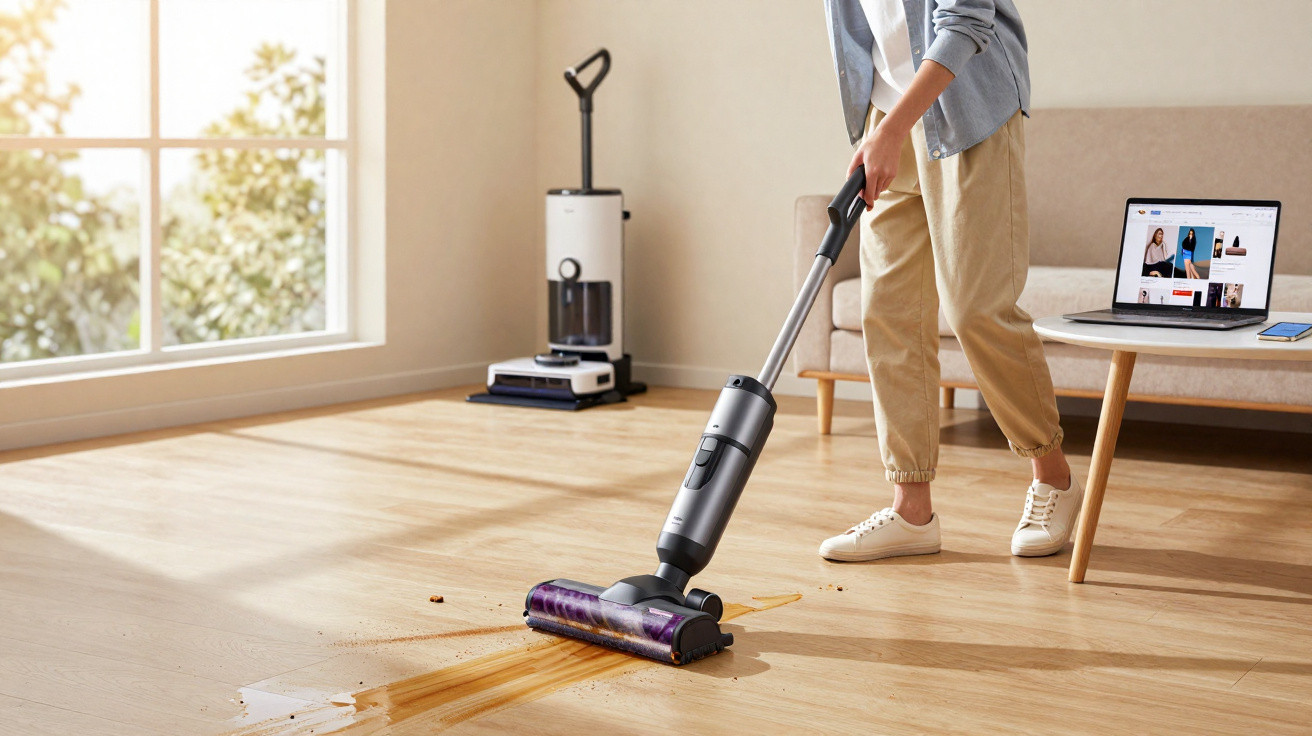 Person using a cordless vacuum cleaner to clean liquid spill and dirt from a wooden floor in a bright room.