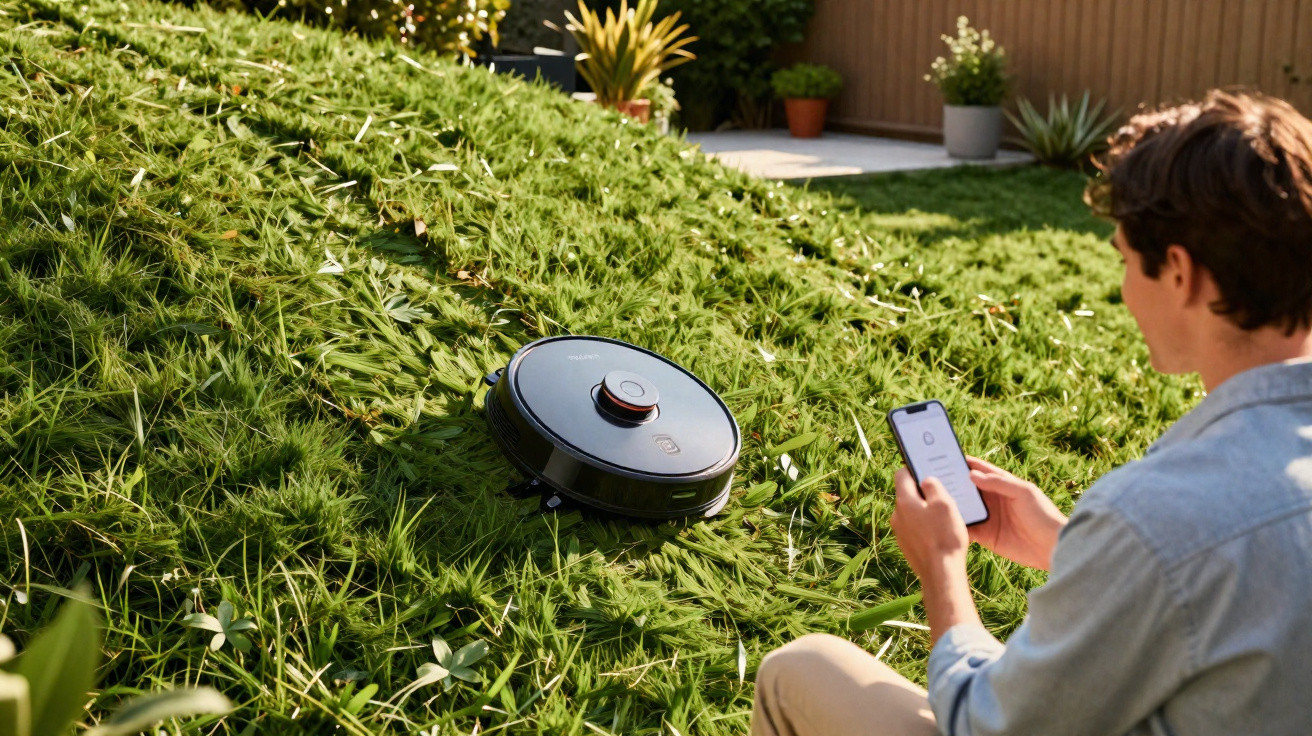 Person using smartphone to control robotic lawn mower cutting grass in garden on sunny day