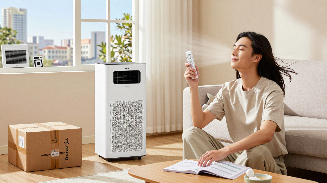 Person sitting on floor using remote to operate portable air conditioner in bright living room