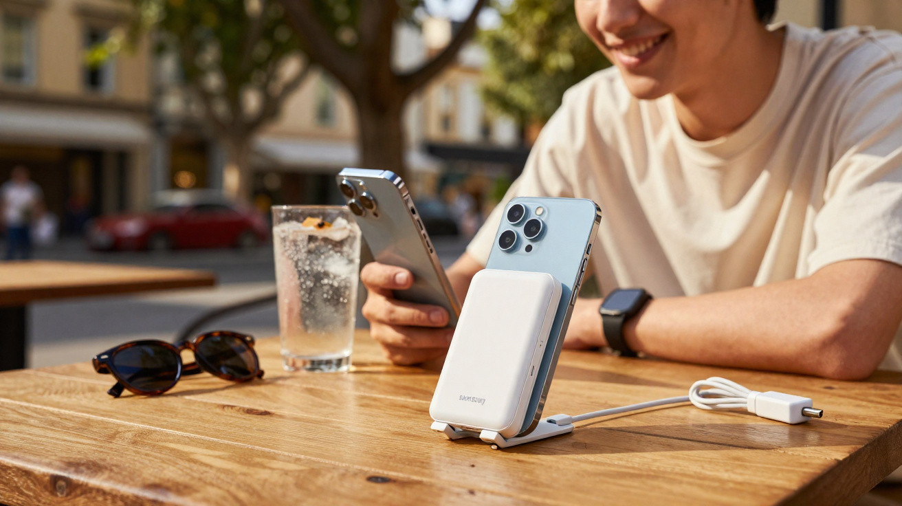 Person using smartphone at wooden table with a wireless charger, sunglasses, and a glass of sparkling water outdoors.