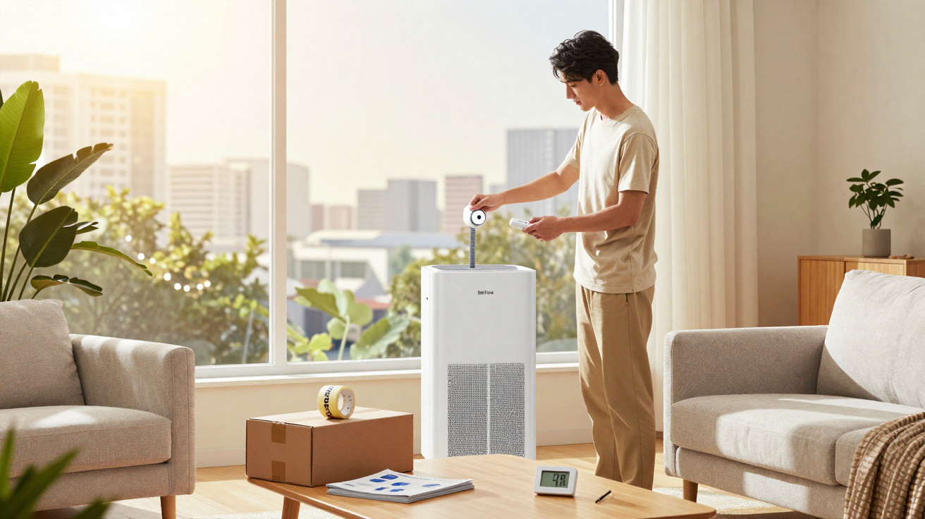 Man setting up a white air purifier in a bright living room with large windows and modern furniture