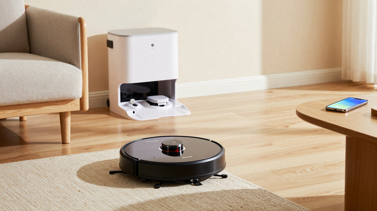 Robotic vacuum cleaner on a carpet in a living room near its white docking and charging station.