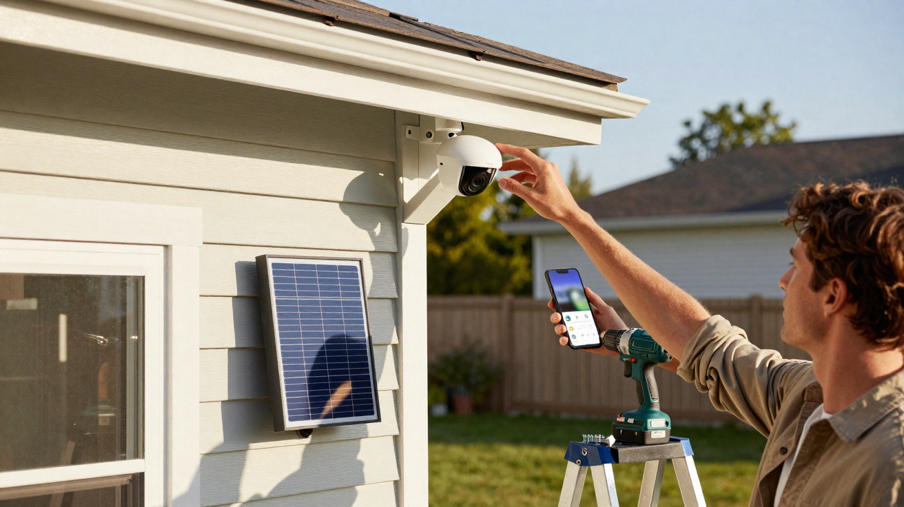 Person installing a solar-powered security camera on a house exterior, checking settings on a smartphone.