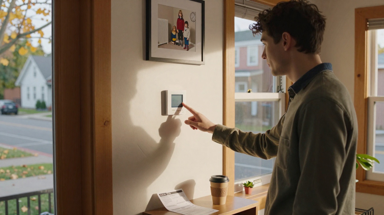 Young man adjusting a thermostat on a wall next to a window with a coffee cup and papers on the table below.