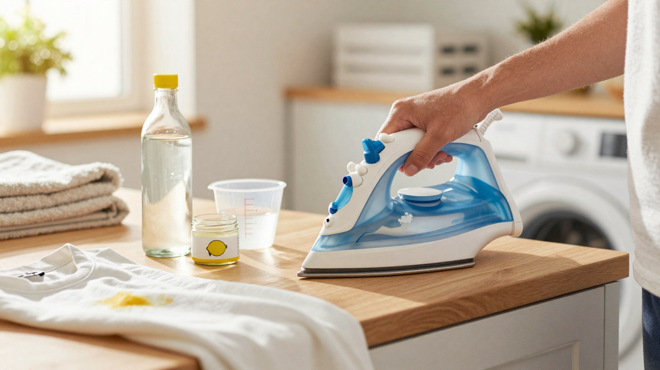 Person using a blue and white iron on a stained white t-shirt with cleaning supplies on a wooden table in a laundry room.