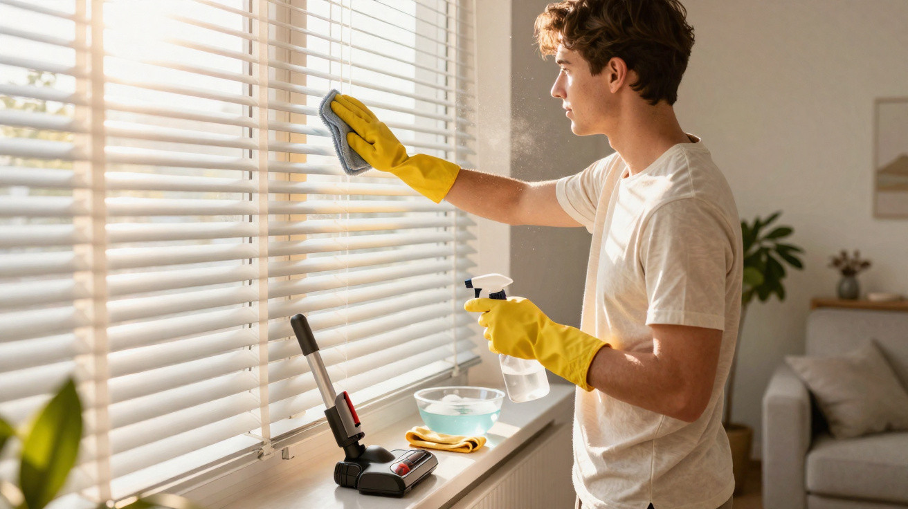 Young man wearing yellow gloves cleaning white window blinds with spray bottle and cloth in a bright living room.