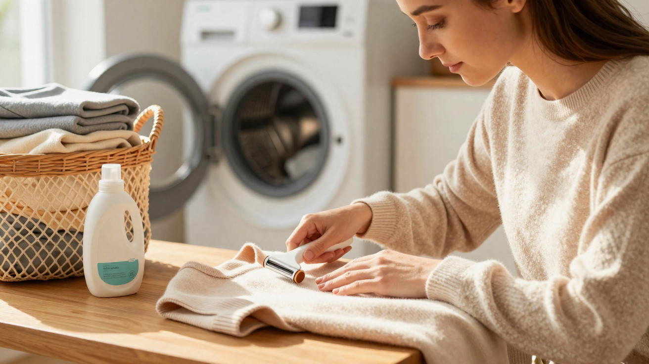 Woman using a lint roller on a beige sweater beside a laundry basket and washing machine in a bright room.