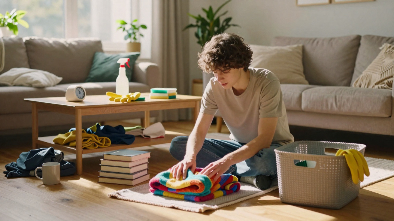 Person folding colourful towels on the floor in a sunny living room with cleaning supplies nearby.
