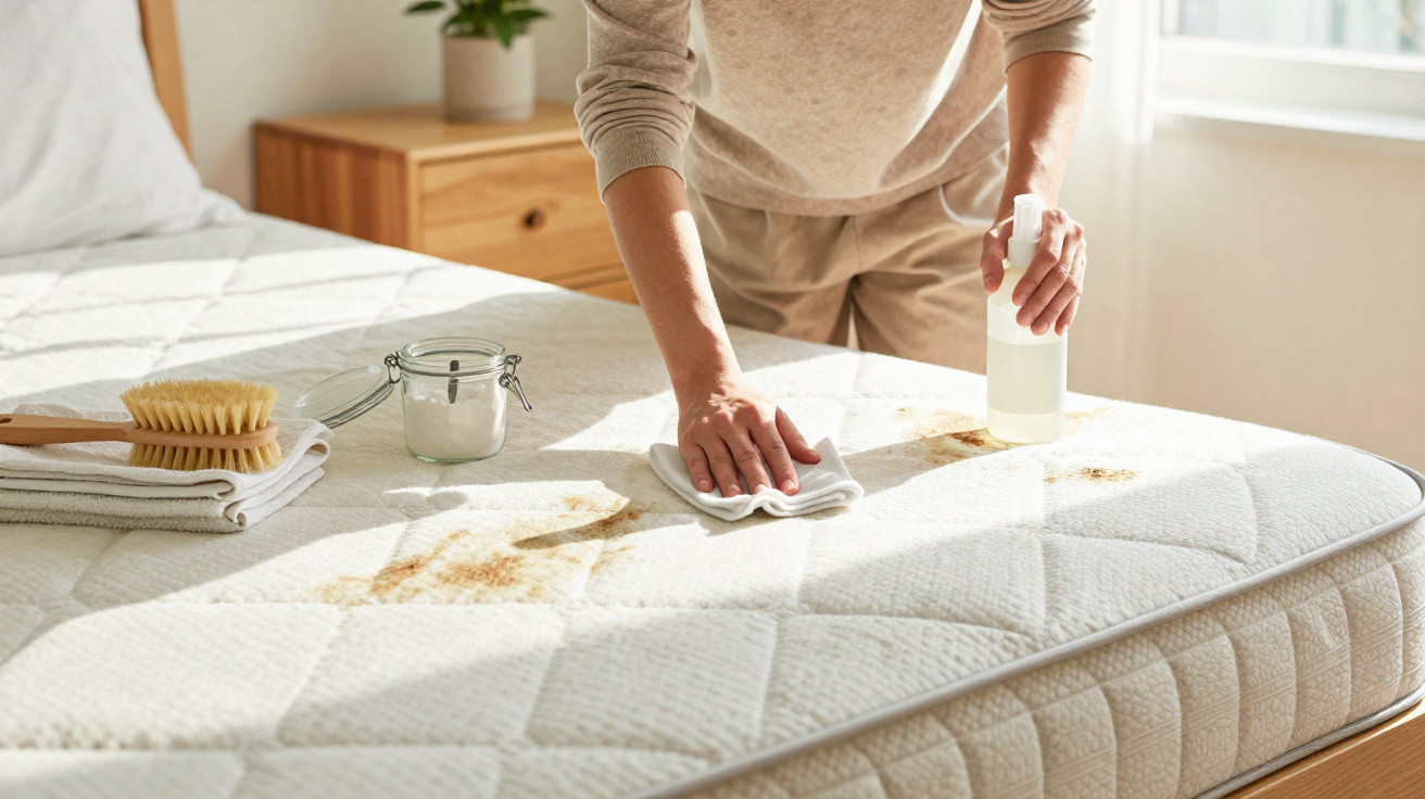 Person cleaning large brown stains on a mattress with a cloth and spray bottle in a sunlit bedroom.