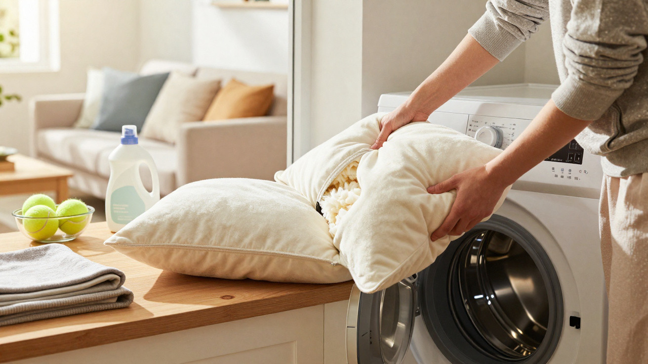 Person removing stuffing from a cushion cover next to a front-loading washing machine in a living room.
