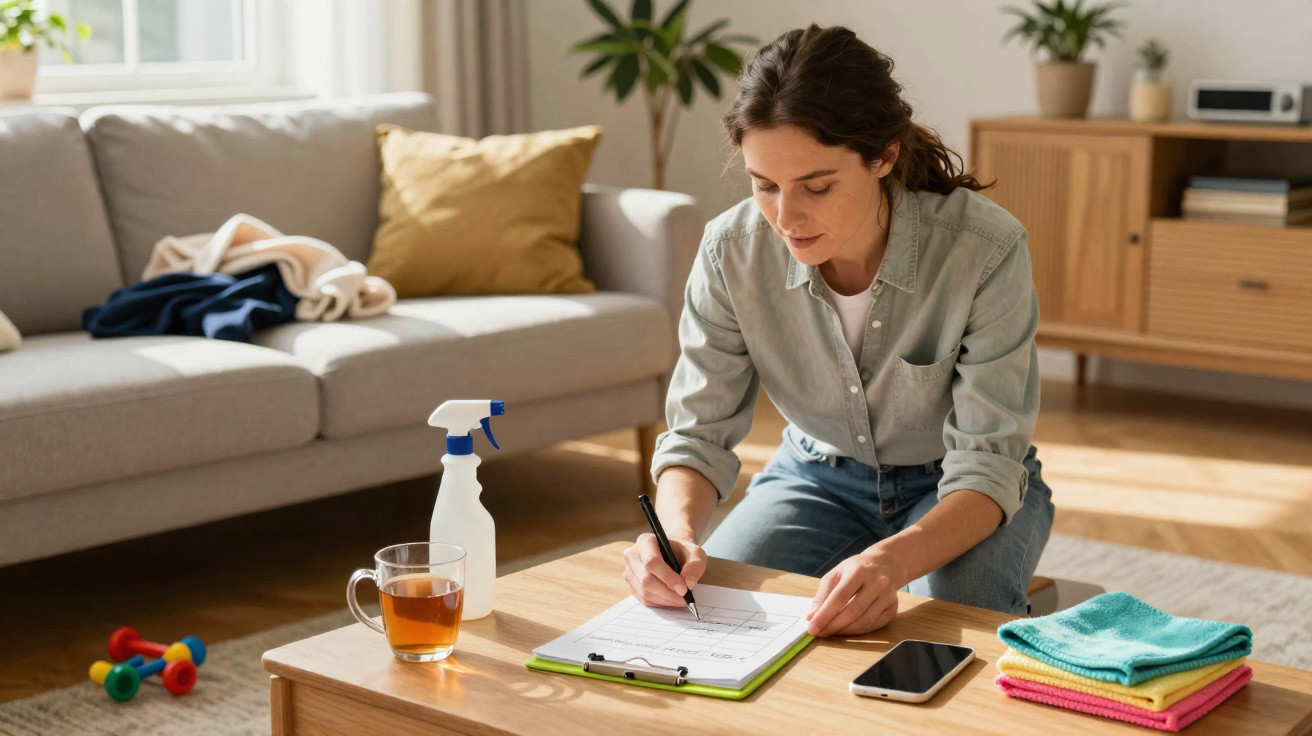 Woman sitting at a coffee table in a living room, writing on a clipboard with cleaning supplies nearby.
