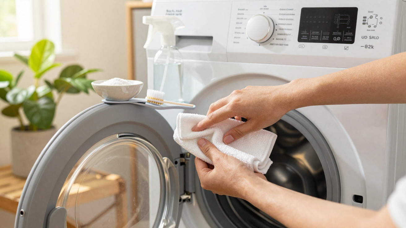 Hands cleaning the rubber seal of a washing machine door with a white cloth and cleaning supplies on top.