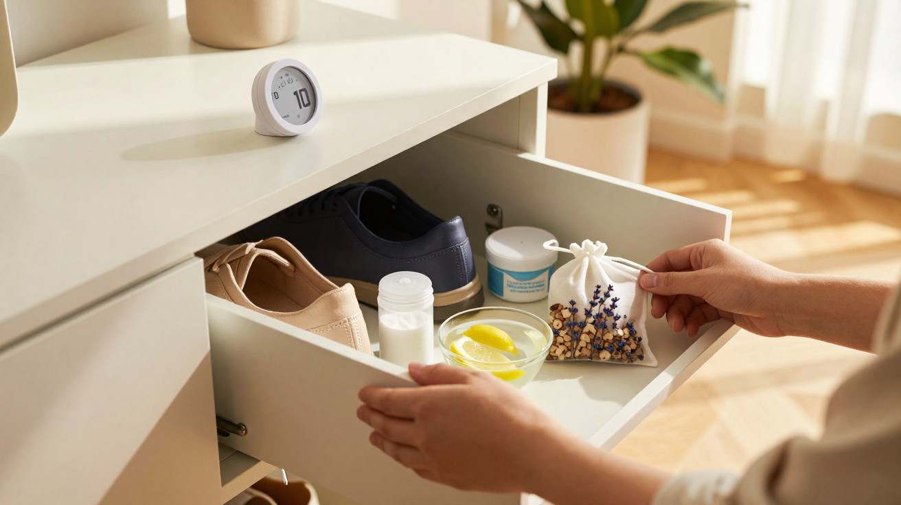 Open drawer with shoes, shoe care products, and a hand placing a sachet with dried lavender and pods.