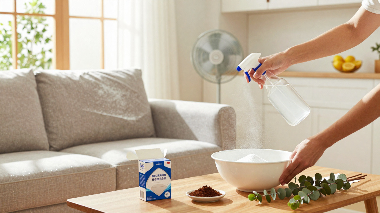 Person spraying water into a bowl with cleaning powder on a wooden table in a bright living room.