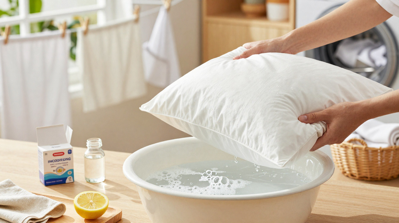 Hands holding a white pillow being washed over a basin filled with soapy water in a bright laundry room.