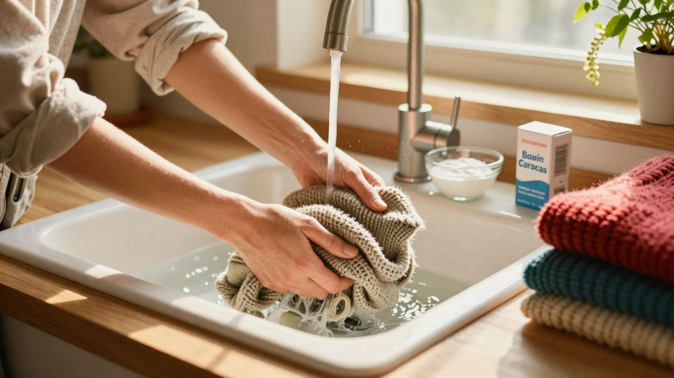 Person hand washing a knitted garment under running water in a kitchen sink with folded clothes nearby.