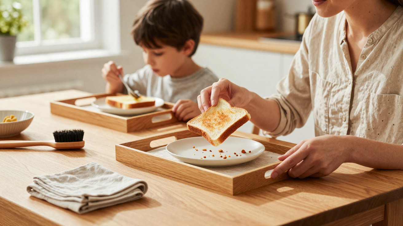 Child and adult seated at wooden table with toast and breakfast trays in a bright kitchen.