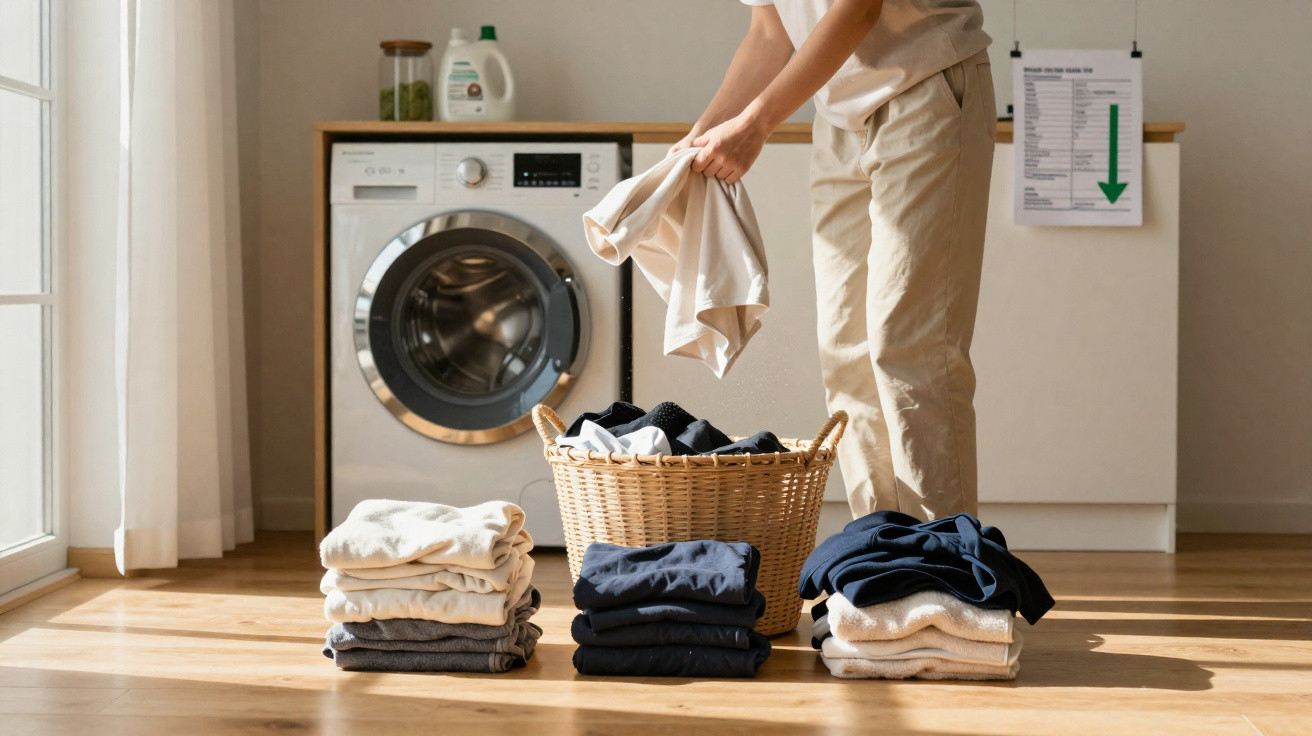 Person folding clothes beside a laundry basket in a sunlit room with a washing machine in the background.
