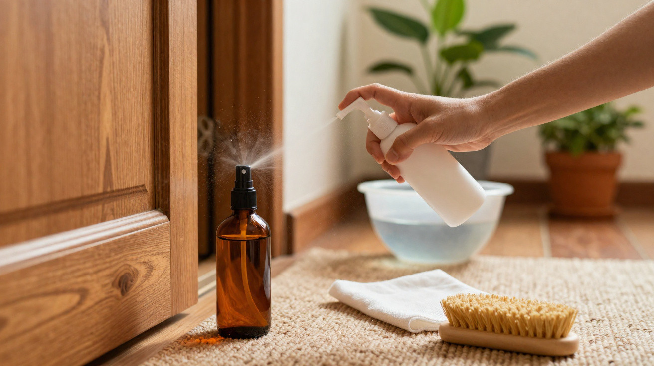Hand spraying liquid from a white bottle onto a brown spray bottle near a wooden door indoors.